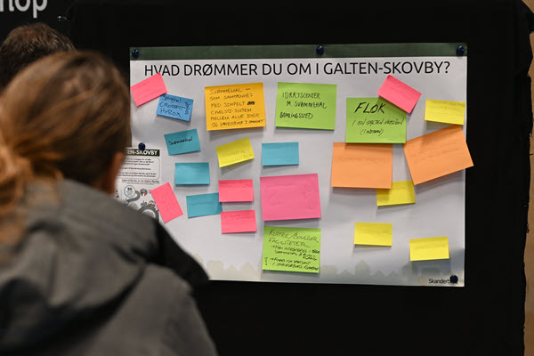 En masse farvede postits med tekst på er klistret på en tavle med overskriften "Hvad drømmer du om i Galten-Skovby".